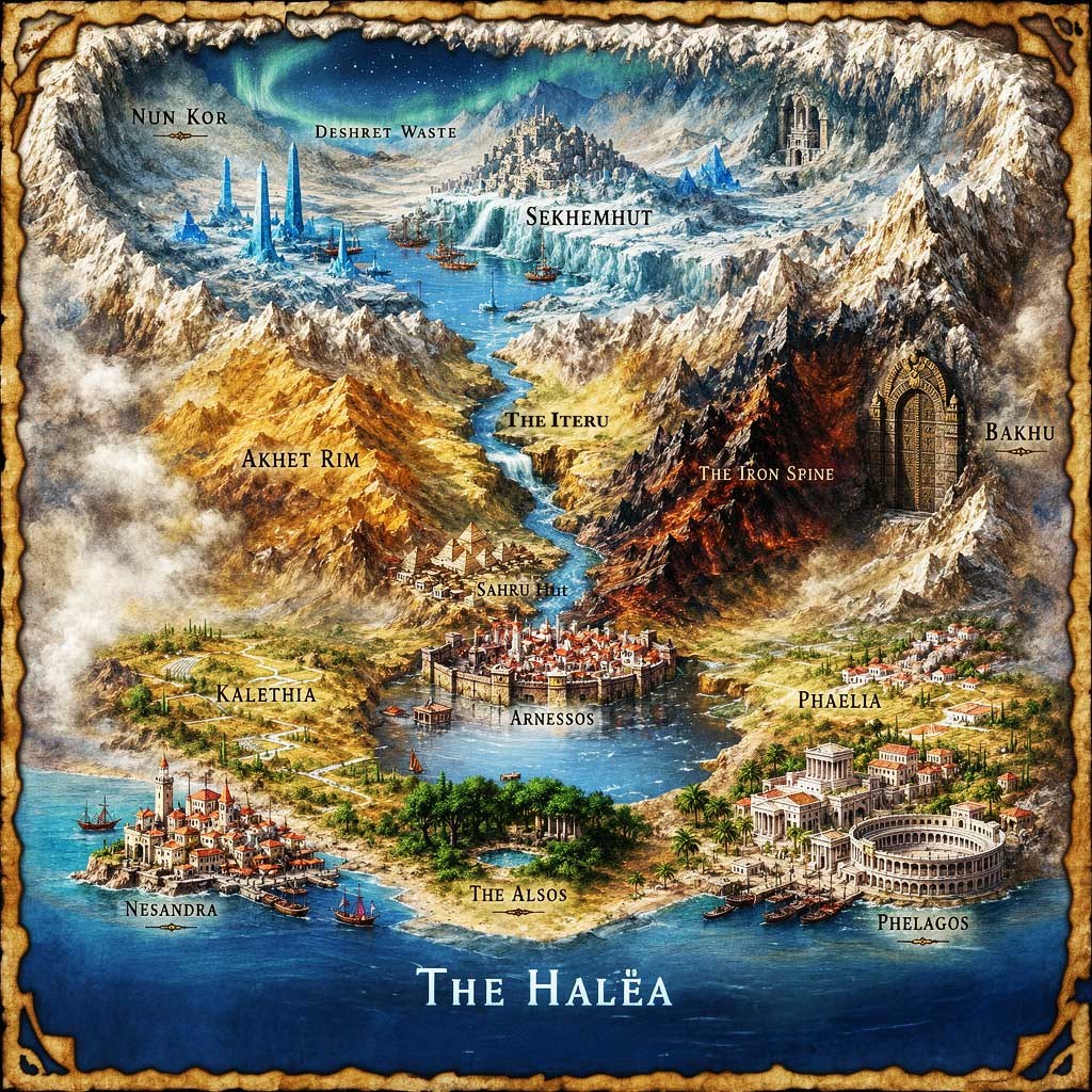 Painted map of the known world of Menkhef, from the ice of Kemet in the north to the Hal&euml;a sea in the south
